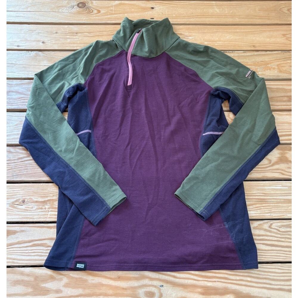 Mons Royale Women’s 1/4 Zip Merino Wool Pullover Baselayer Size L Purple Bb